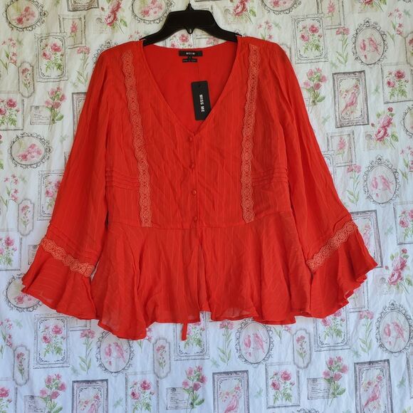 Miss Me Women's Orange Peplum Blouse Top Lace Detail Button Front Long Sleeve L - Picture 1 of 6